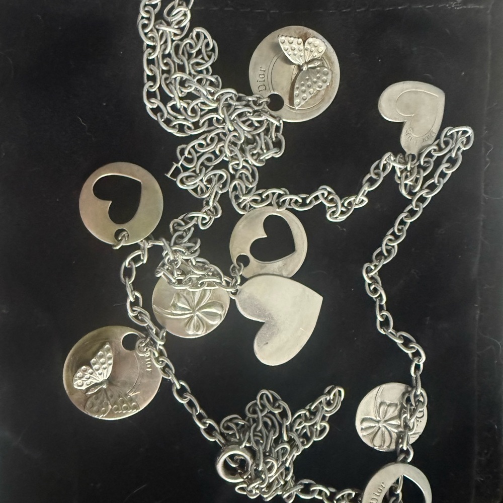 Dior Silver Heart and Floral Charm Necklace